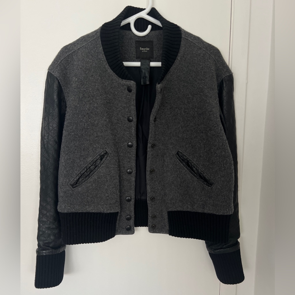 Smythe Gray Wool Black Faux Leather Sleeves Button Up Varsity Bomber Jacket
